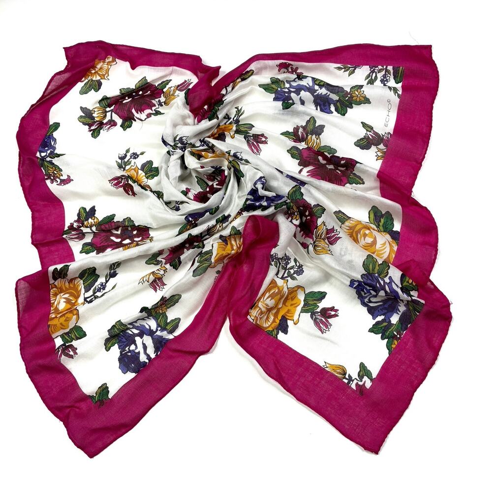 ECHO Vintage Silk Scarf Pink White Floral Square 30.5”